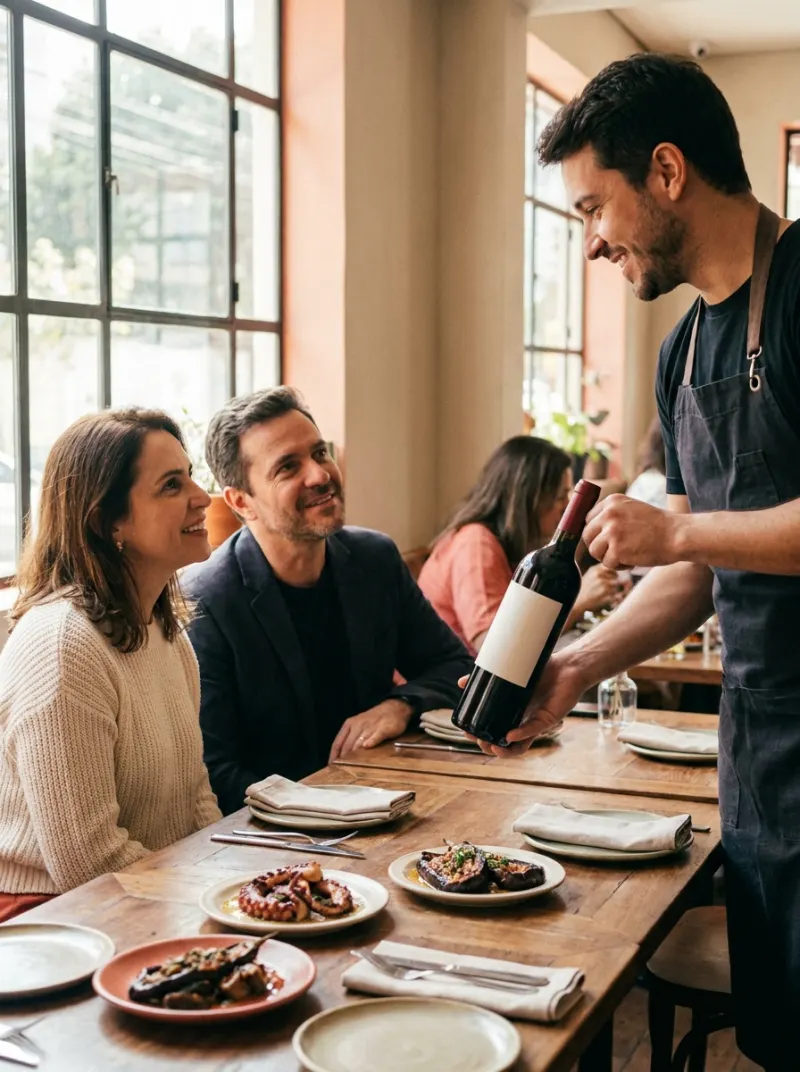 Garçom apresenta uma garrafa de vinho a um casal à mesa